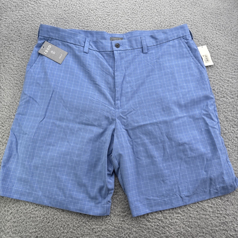 IZOD Golf Shorts Mens 40 Blue Plaid Flat Front Moisture Wicking Classic Fit